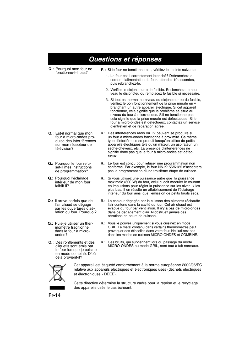 Questions et réponses, Fr-14 | Panasonic NNK105WBWPG User Manual | Page 46 / 62