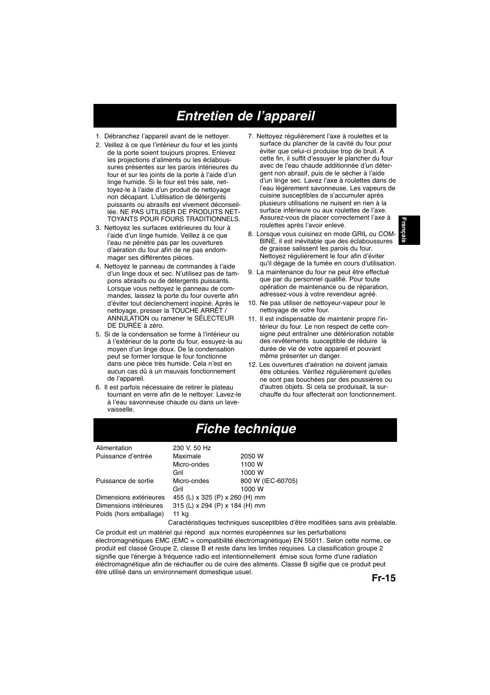 Entretien de l’appareil, Fiche technique, Fr-15 | Panasonic NNK105WBWPG User Manual | Page 47 / 62