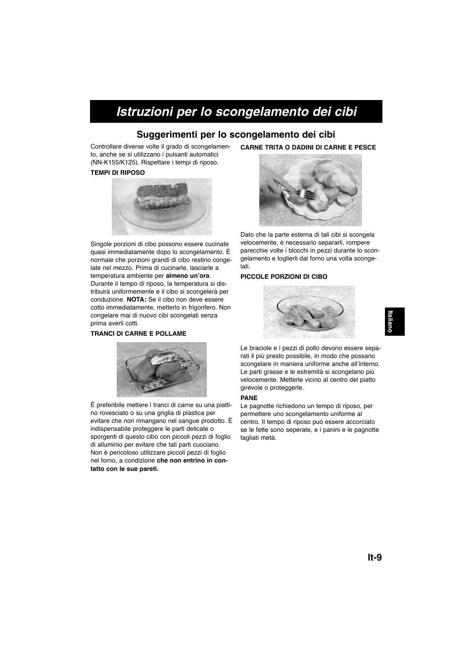 Istruzioni per lo scongelamento dei cibi, It-9 suggerimenti per lo scongelamento dei cibi | Panasonic NNK105WBWPG User Manual | Page 56 / 62