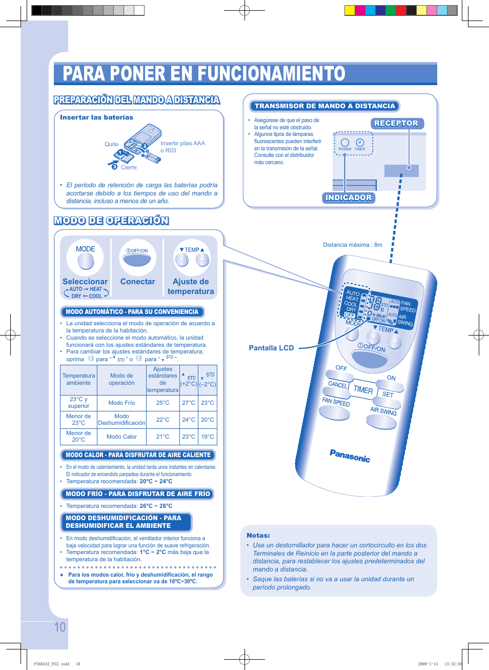 Para poner en funcionamiento, Preparación del mando a distancia | Panasonic CUUW9GKE User Manual | Page 10 / 28