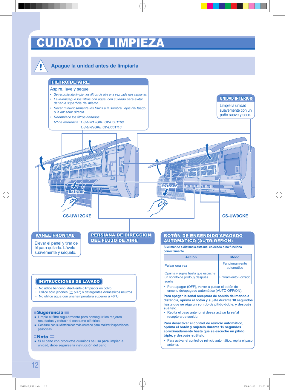 Cuidado y limpieza, Apague la unidad antes de limpiarla | Panasonic CUUW9GKE User Manual | Page 12 / 28