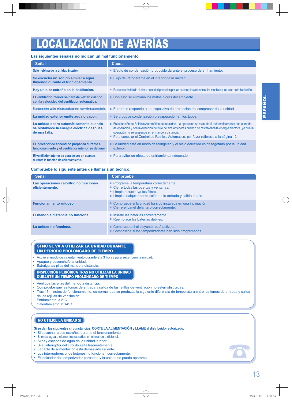 Localización de averías | Panasonic CUUW9GKE User Manual | Page 13 / 28