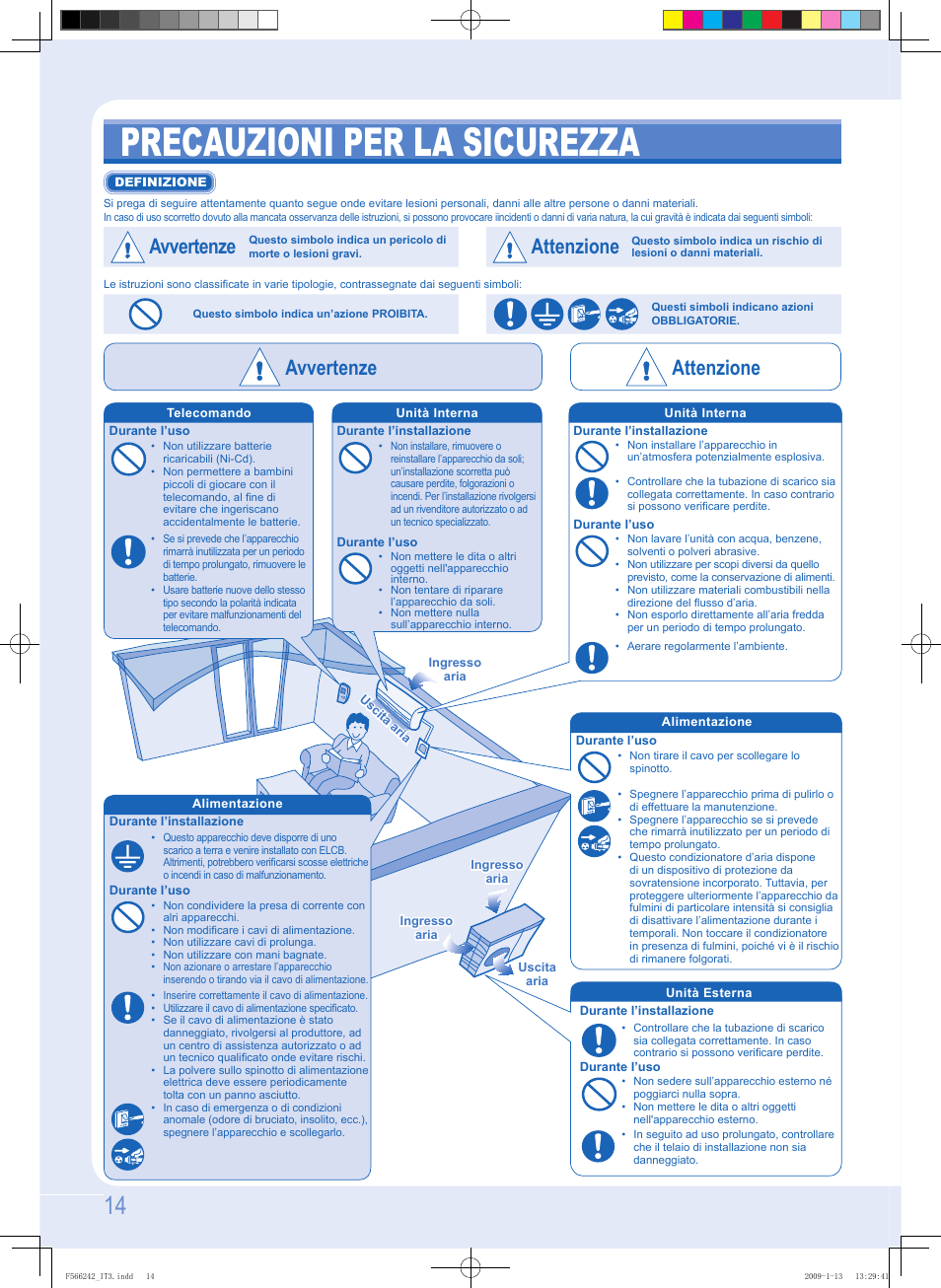 F566242_it3.pdf, Precauzioni per la sicurezza, Avvertenze | Attenzione, Avvertenze attenzione | Panasonic CUUW9GKE User Manual | Page 14 / 28