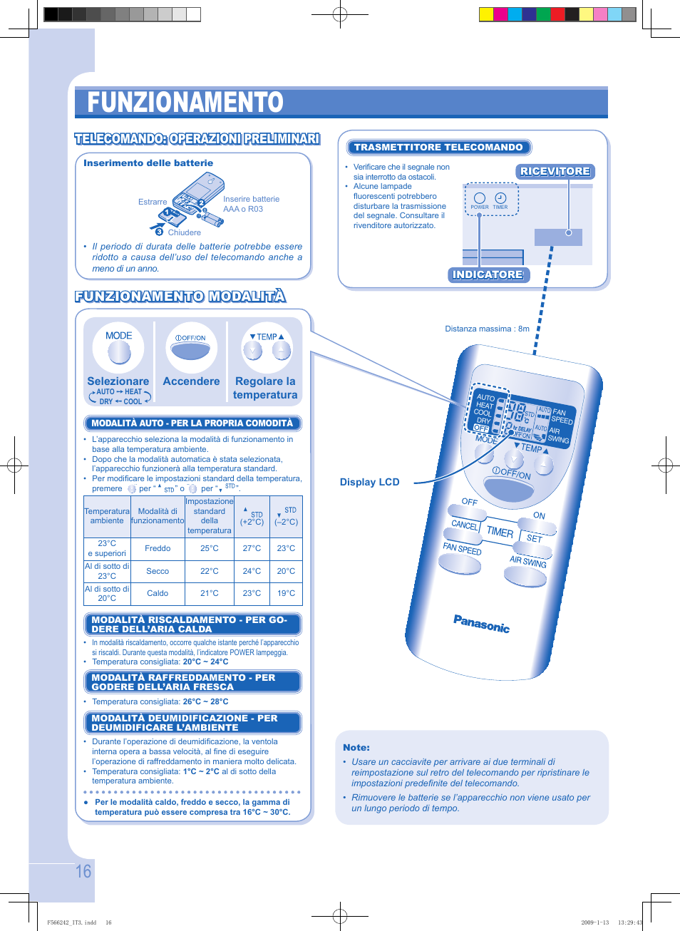 Funzionamento, Telecomando: operazioni preliminari | Panasonic CUUW9GKE User Manual | Page 16 / 28