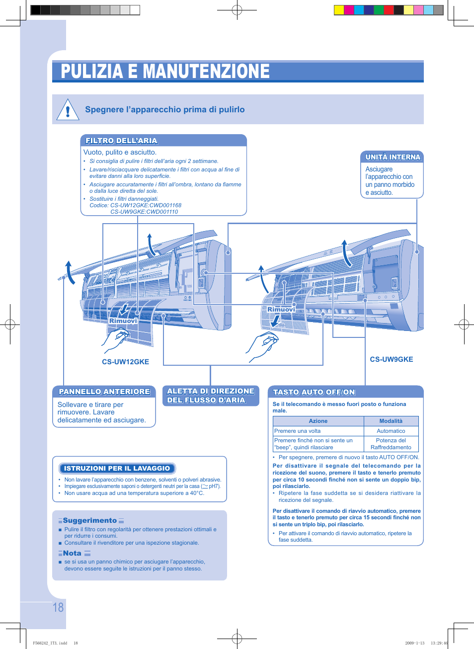 Pulizia e manutenzione, Spegnere l’apparecchio prima di pulirlo | Panasonic CUUW9GKE User Manual | Page 18 / 28