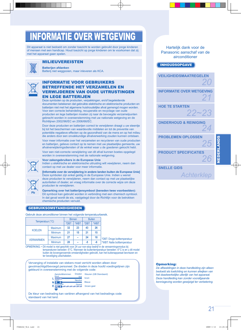 Informatie over wetgeving, Achterklep | Panasonic CUUW9GKE User Manual | Page 21 / 28