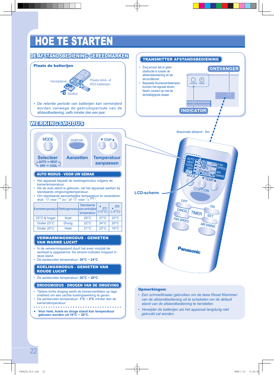 Hoe te starten, De afstandsbediening gereedmarken | Panasonic CUUW9GKE User Manual | Page 22 / 28