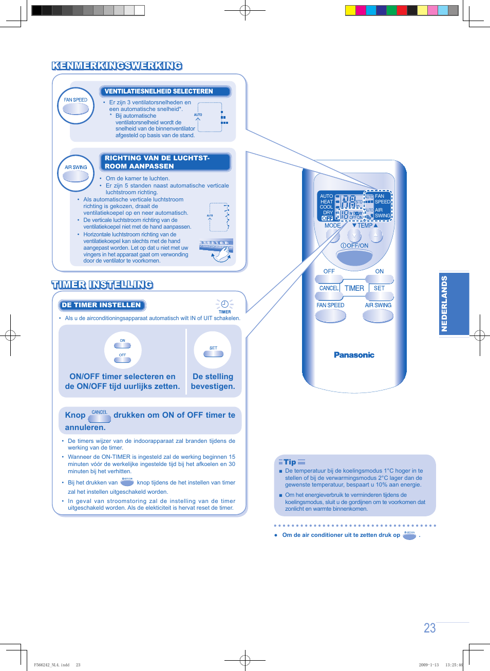 Kenmerkingswerking, Timer instelling | Panasonic CUUW9GKE User Manual | Page 23 / 28