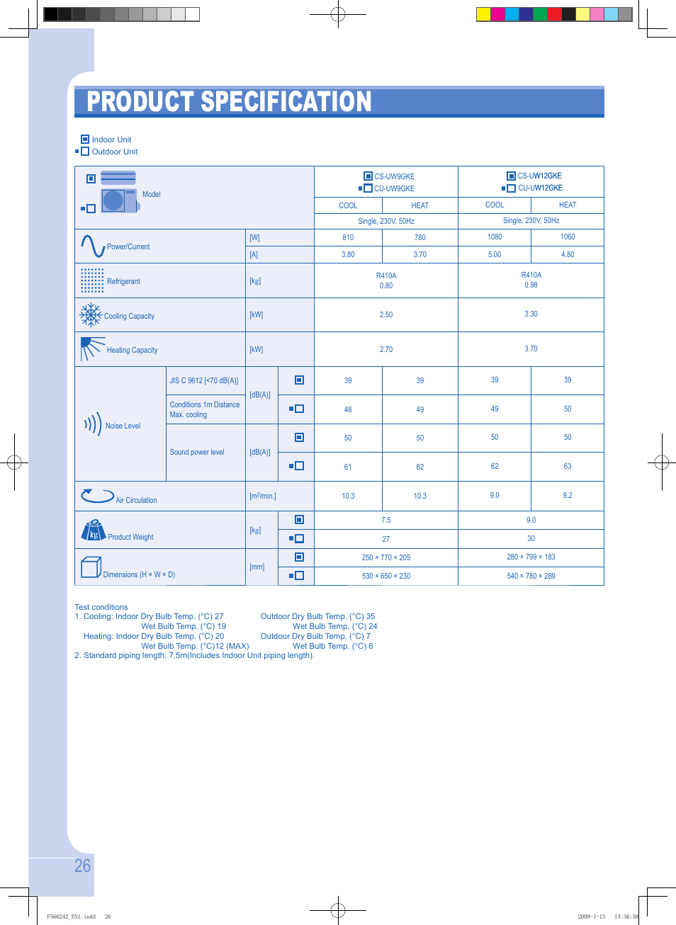 Product specification | Panasonic CUUW9GKE User Manual | Page 26 / 28