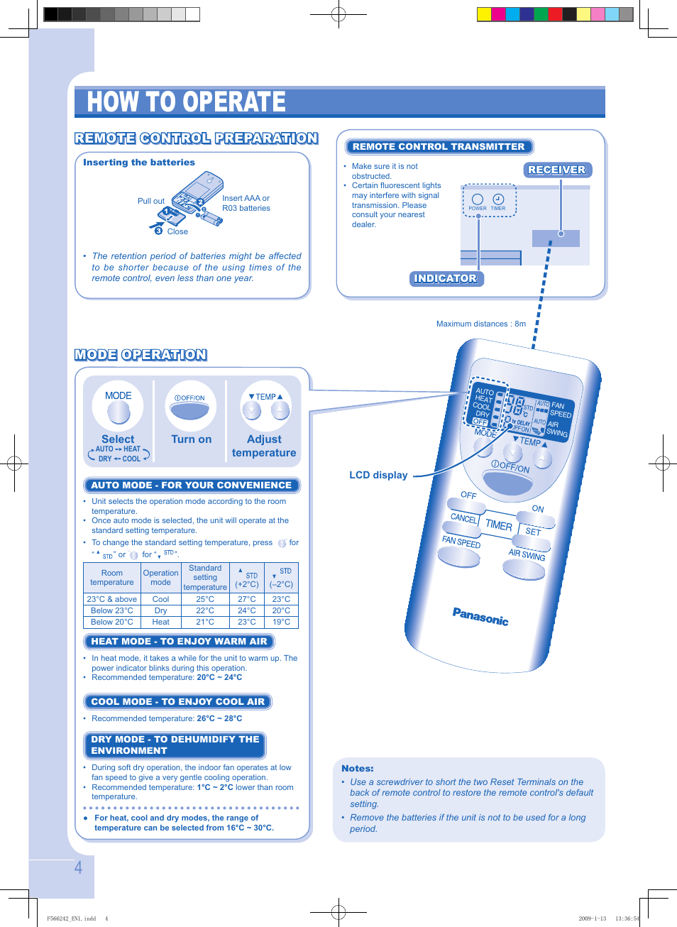 How to operate, Remote control preparation | Panasonic CUUW9GKE User Manual | Page 4 / 28