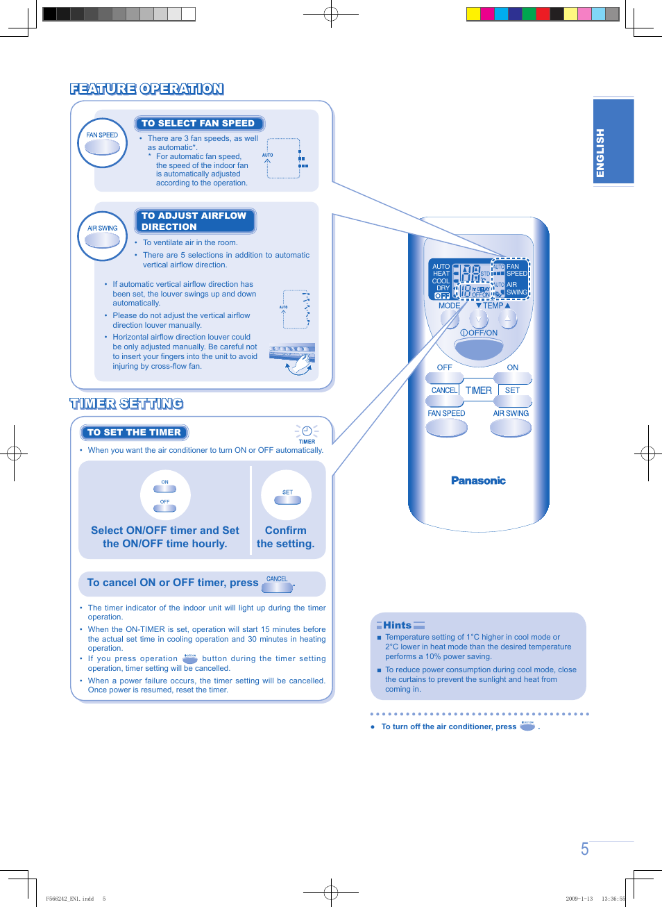 Feature operation, Timer setting | Panasonic CUUW9GKE User Manual | Page 5 / 28