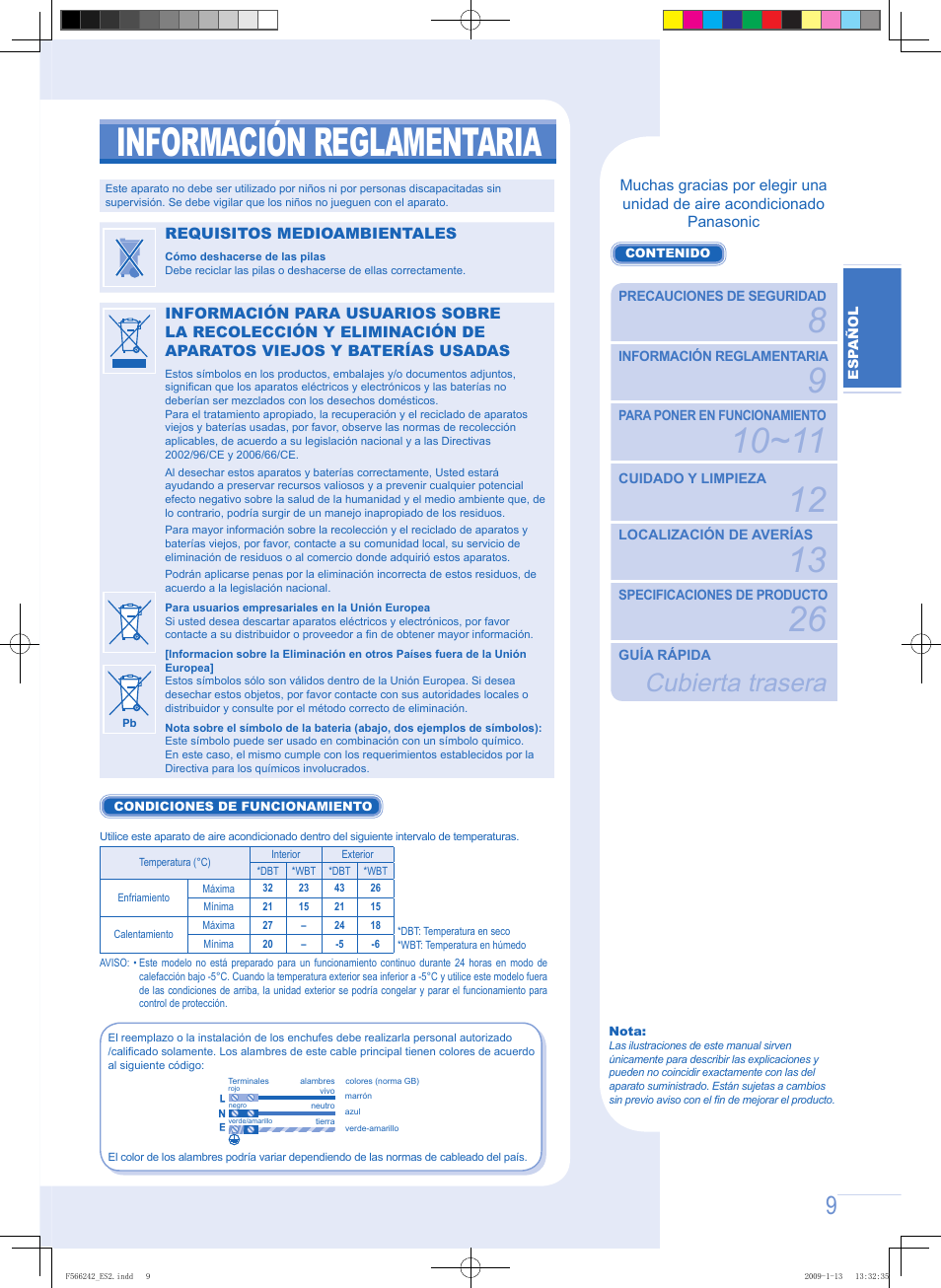 Información reglamentaria, Cubierta trasera | Panasonic CUUW9GKE User Manual | Page 9 / 28