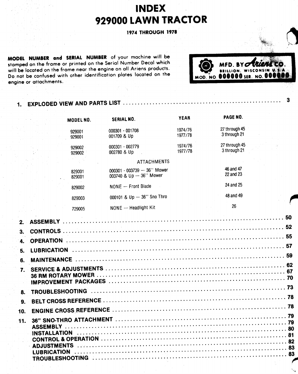 W omoowtnaooj, Mfd. byi, Exploded view and parts list | Ariens 929000 User Manual | Page 2 / 84