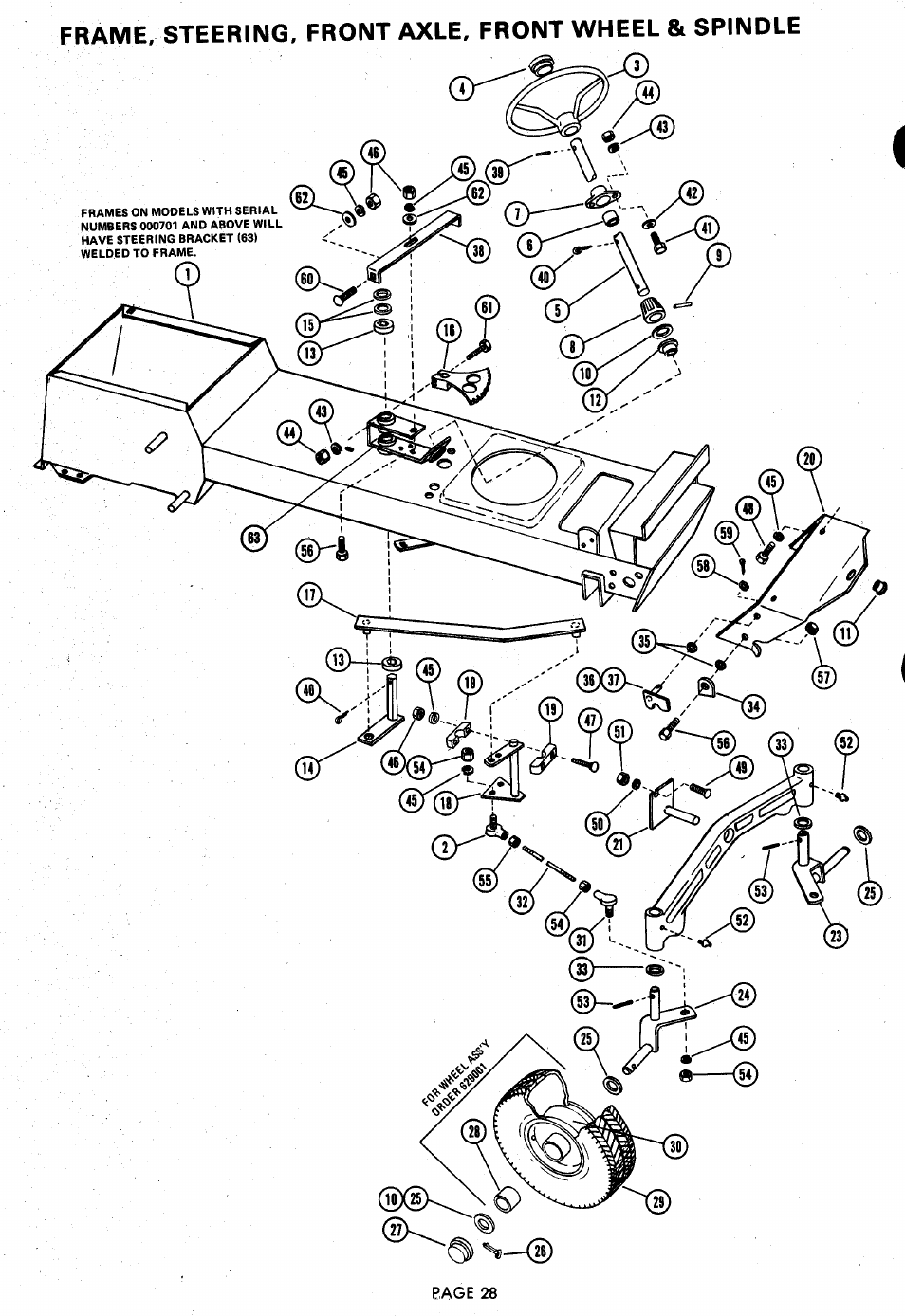 Frame, steering, front axle, front wheel & spindle | Ariens 929000 User Manual | Page 28 / 84