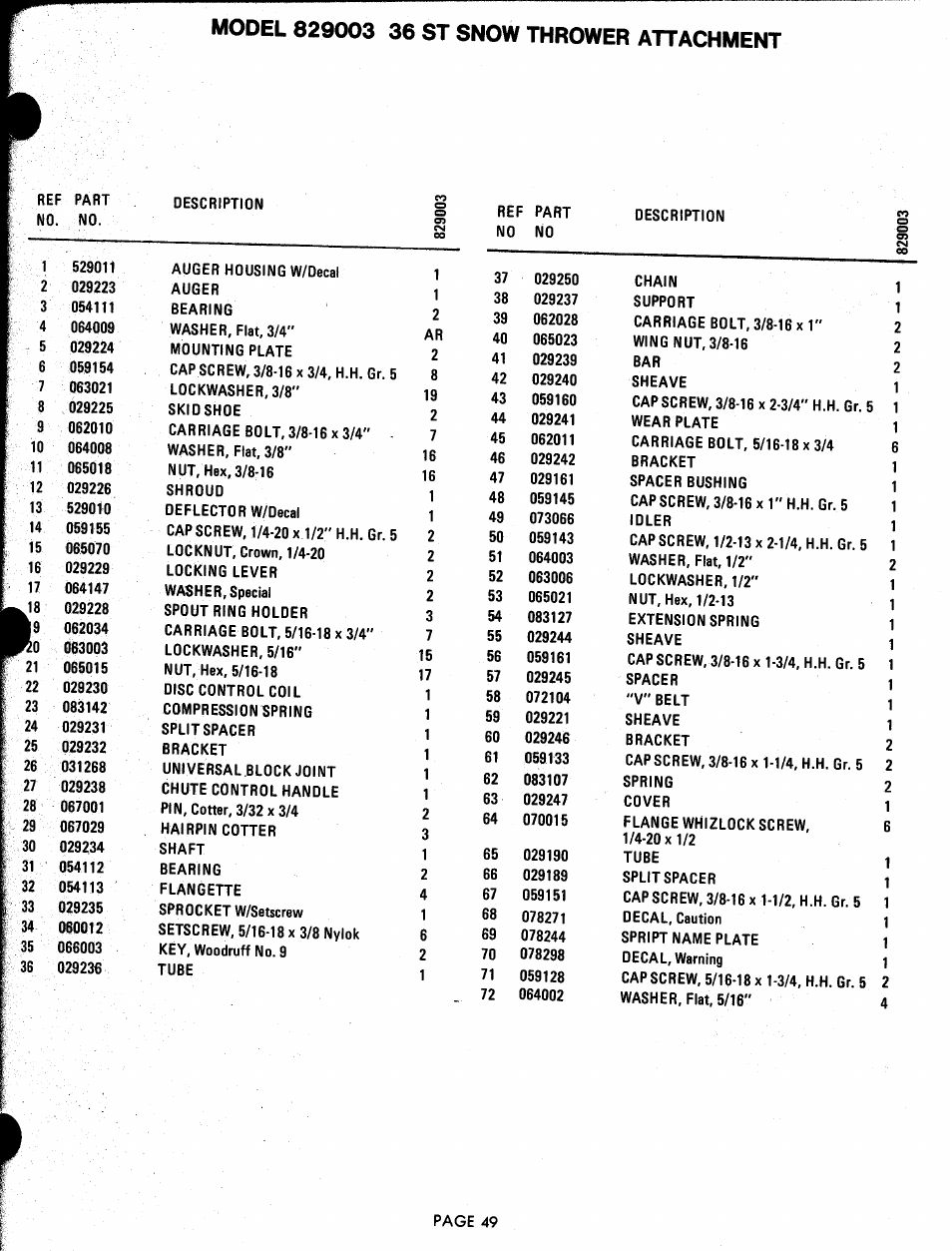 Model 829003 36 st snow thrower attachment | Ariens 929000 User Manual | Page 49 / 84