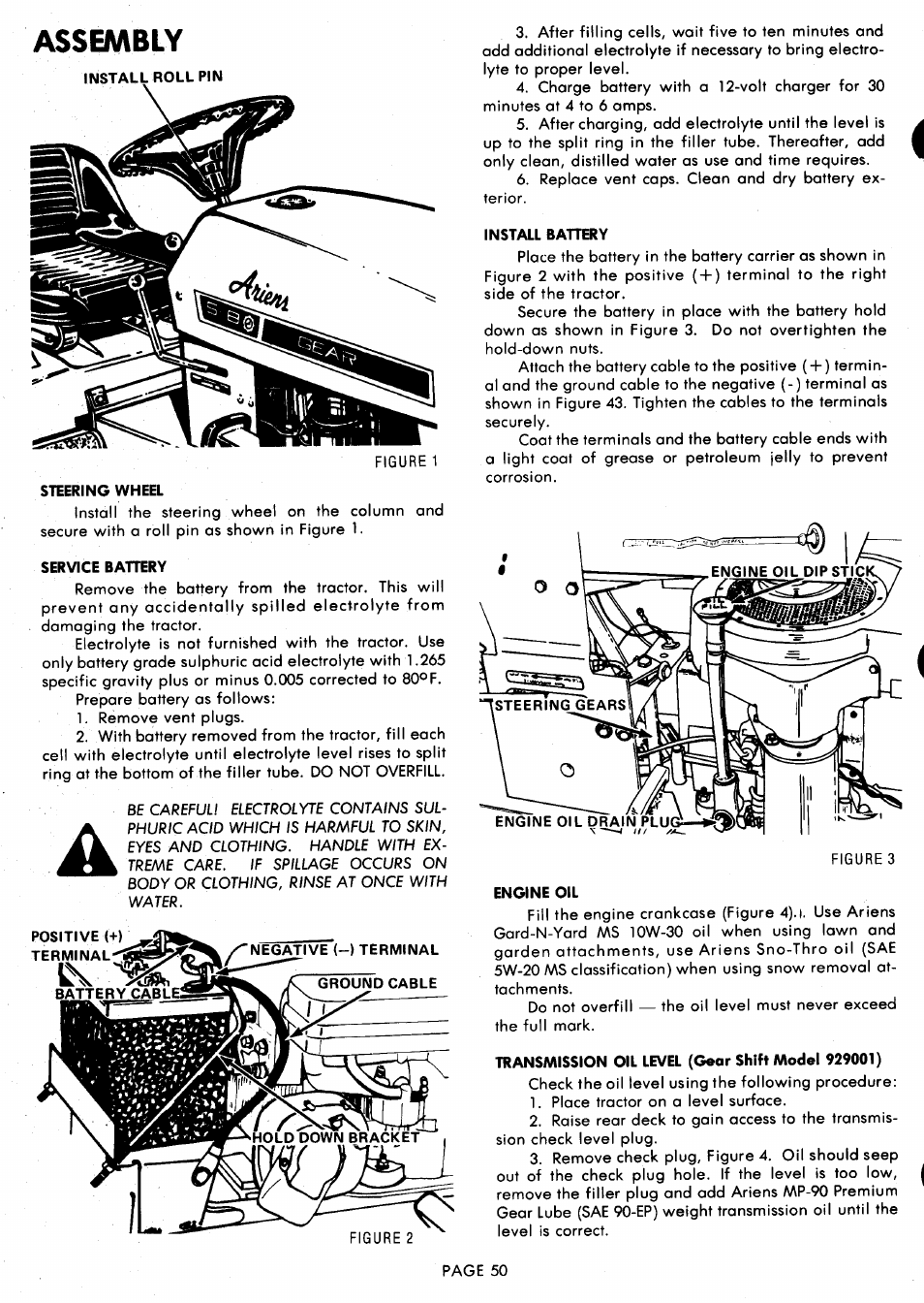 Steering wheel, Service bahery, Install battery | Engine oil, Transmission oil level (gear shift model 929001), Assembly | Ariens 929000 User Manual | Page 50 / 84