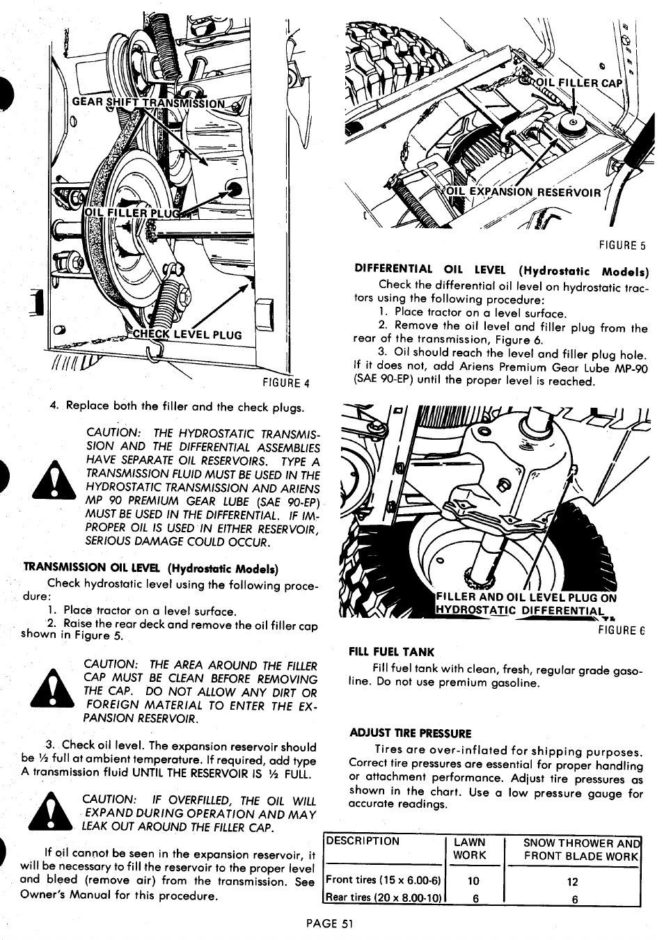 Transmission oil level (hydrostatic models), Differential oil level (hydrostatic models), Fill fuel tank | Adjust tire pressure | Ariens 929000 User Manual | Page 51 / 84