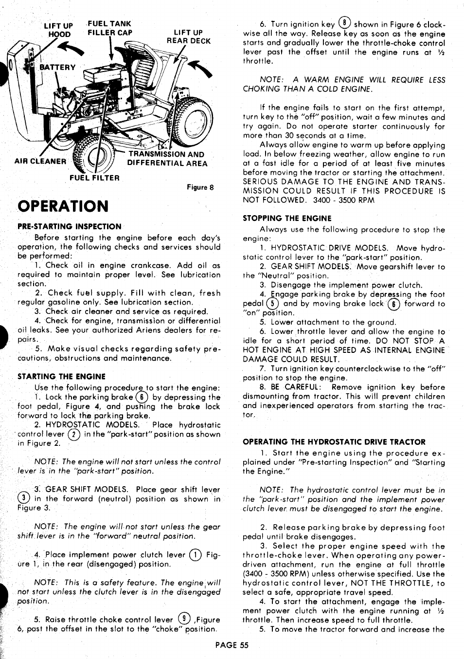 Pre-startino inspection, Starting the engine, Stopping the engine | Operating the hydrostatic drive tractor, Operation | Ariens 929000 User Manual | Page 55 / 84