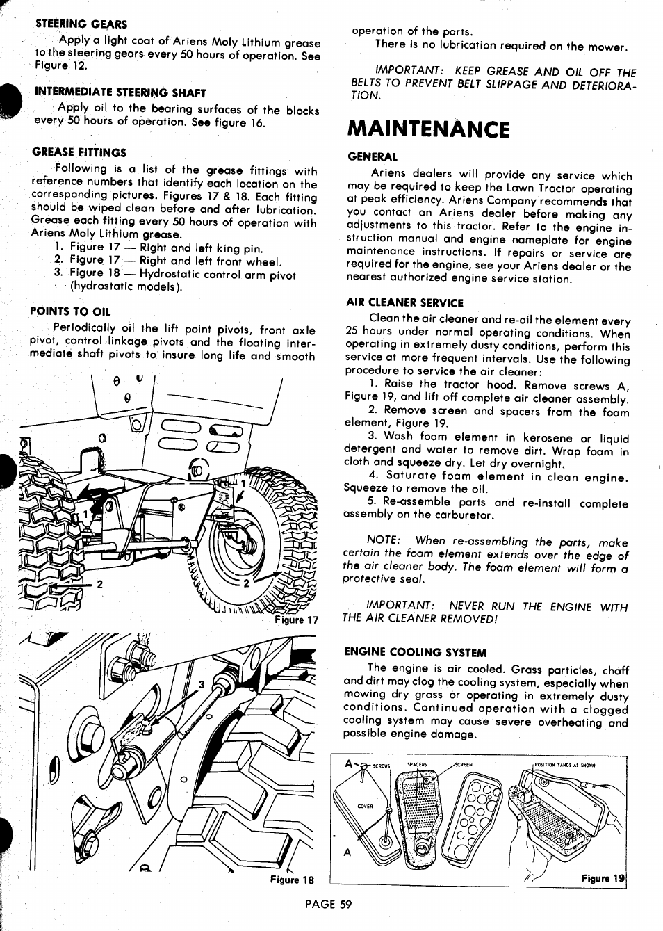 Steering gears, Intermediate steering shaft, Grease fittings | Points to oil, General, Air cleaner service, Engine cooling system, Maintenance | Ariens 929000 User Manual | Page 59 / 84