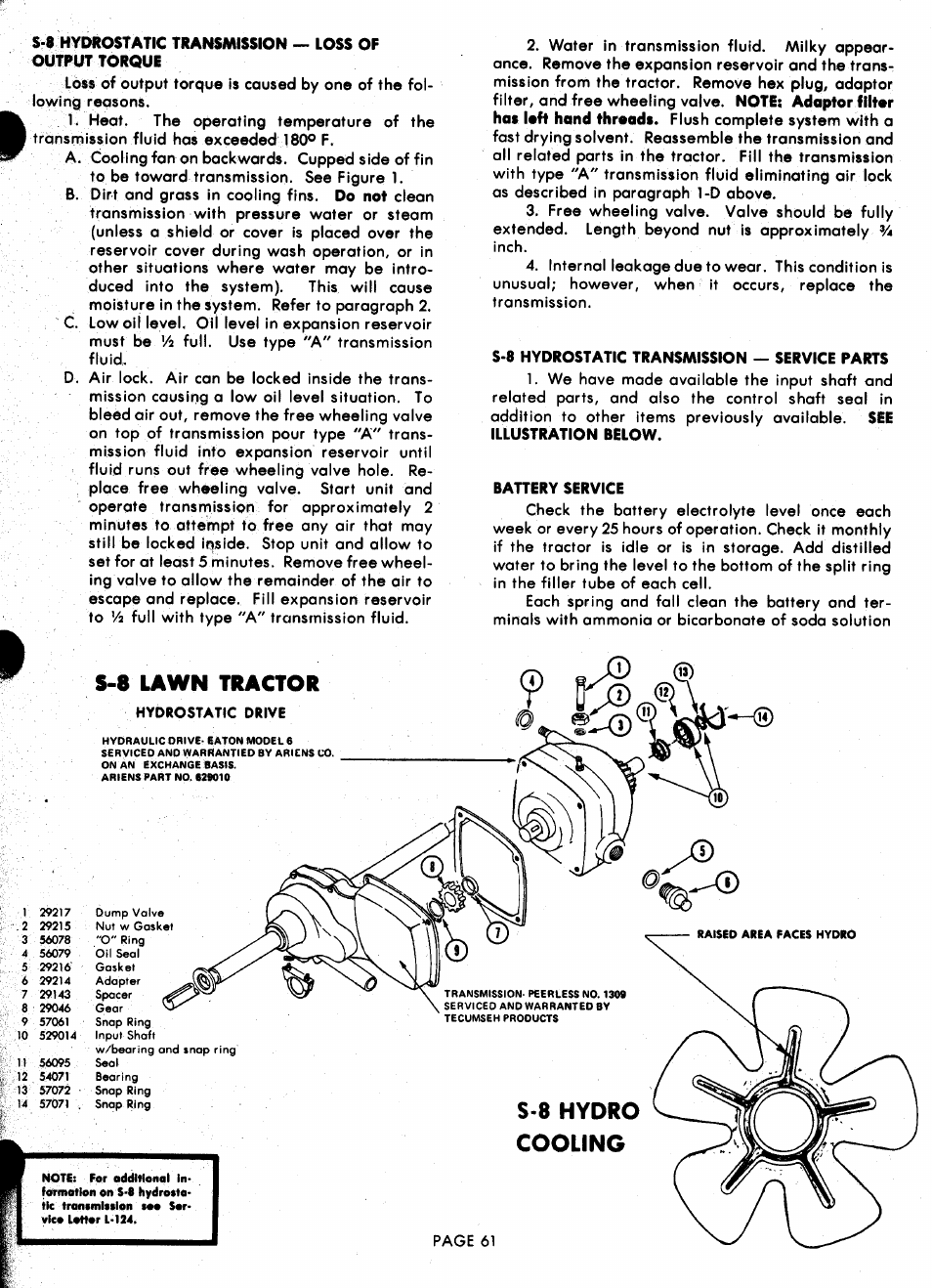 S-8 hydrostatic transmission — service parts, Battery service, 8 hydro cooling | S-8 lawn tractor | Ariens 929000 User Manual | Page 61 / 84