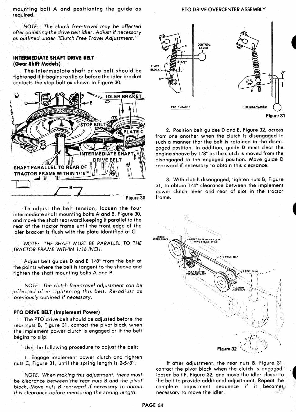 Intermediate shaft drive belt (gear shift models), Pto drive belt (implement power) | Ariens 929000 User Manual | Page 64 / 84