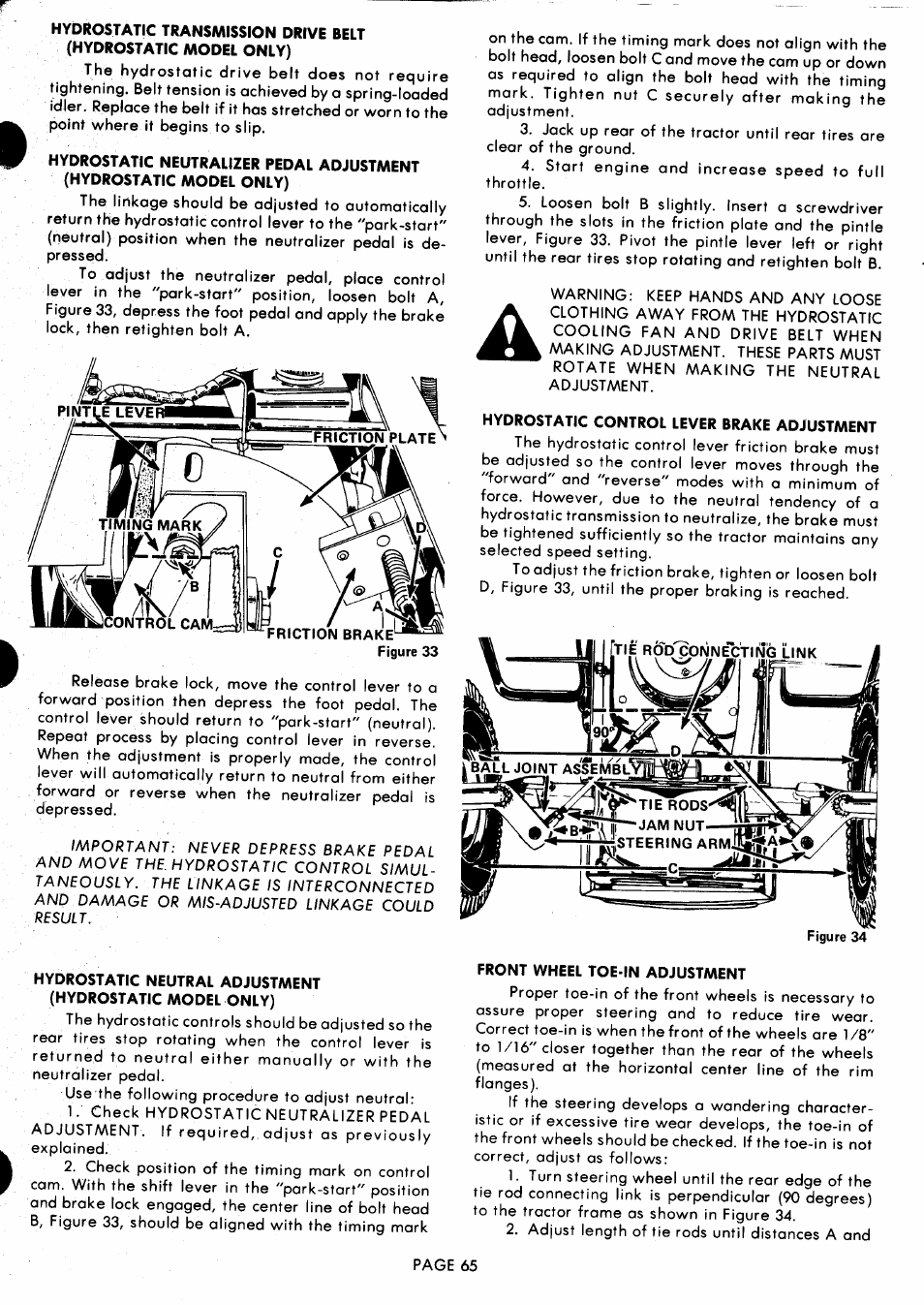 Hydrostatic control lever brake adjustment, Front wheel toe-in adjustment | Ariens 929000 User Manual | Page 65 / 84