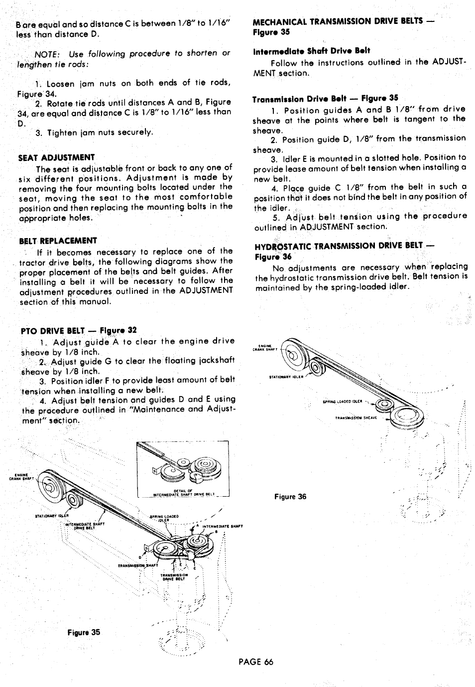 Seat adjustment, Belt replacement, Mechanical transmission drive belts | Intermediate shaft drive belt, Trantmistion drive belt — figure 35, Hydrostatic transmission drive belt | Ariens 929000 User Manual | Page 66 / 84