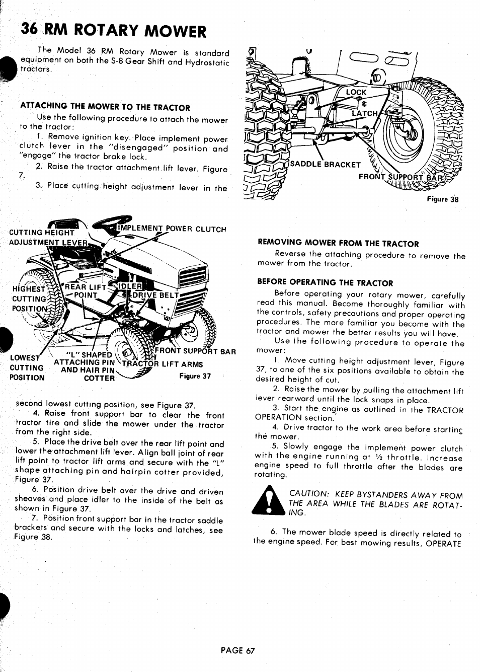 Attaching the mower to the tractor, Removing mower from the tractor, Before operating the tractor | 36 rm rotary mower | Ariens 929000 User Manual | Page 67 / 84