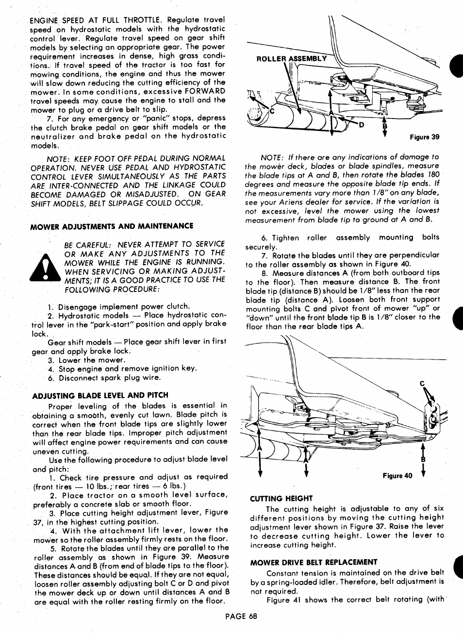 Mower adjustments and maintenance, Adjusting blade level and pitch, Cutting height | Mower drive belt replacement | Ariens 929000 User Manual | Page 68 / 84