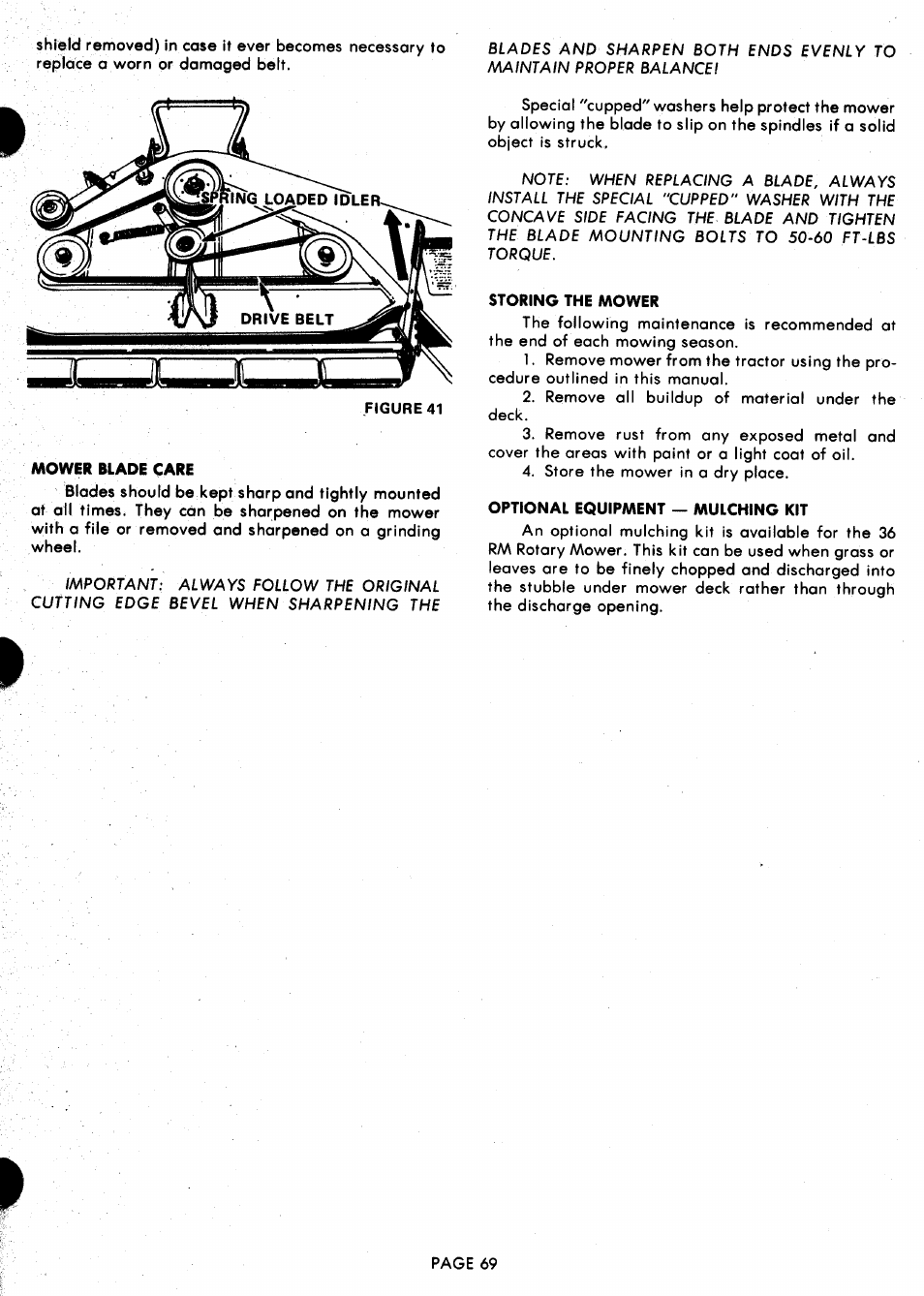 Mower blade care, Storing the mower, Optional equipment — mulching kit | Ariens 929000 User Manual | Page 69 / 84