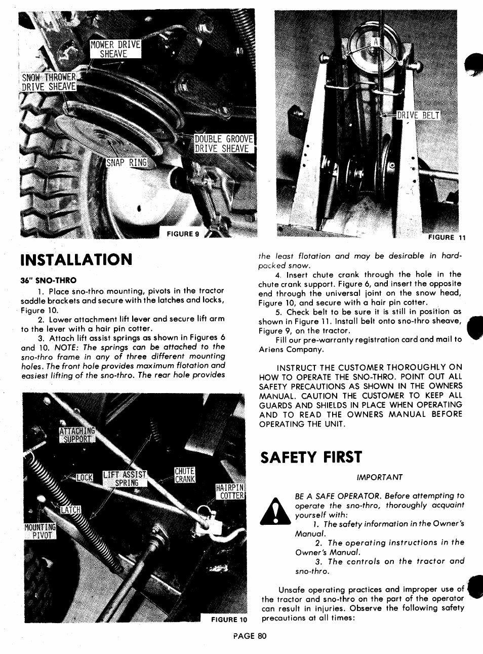 36" sno-thro, Installation, Safety first | Ariens 929000 User Manual | Page 80 / 84