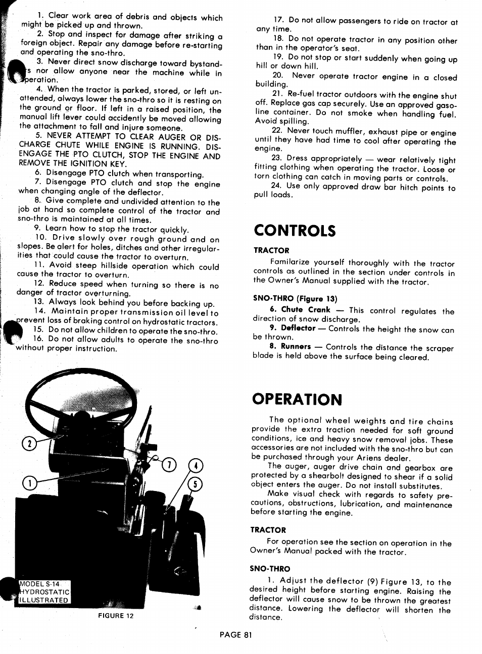 Tractor, Sno-thro (figure 13), Sno-thro | Controls, Operation | Ariens 929000 User Manual | Page 81 / 84