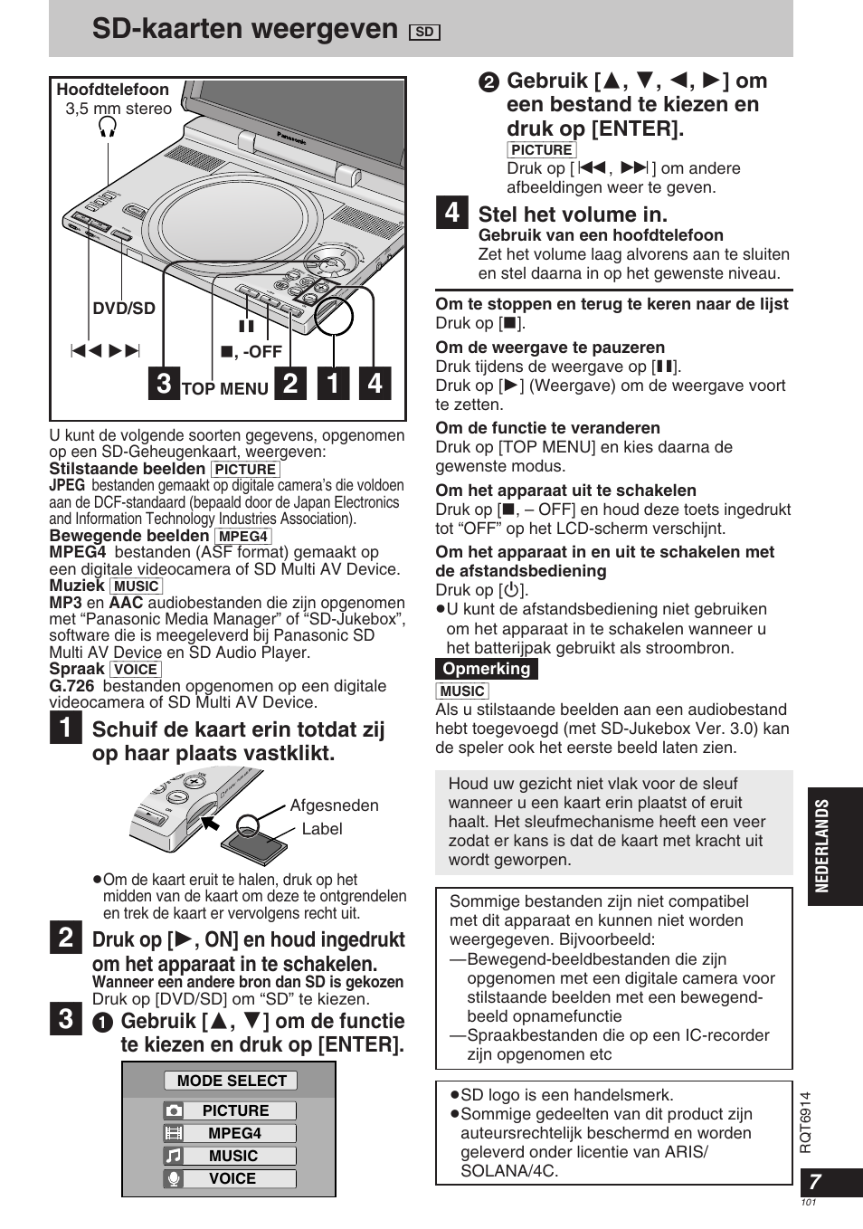 Sd-kaarten weergeven, Stel het volume in, Nederlands | Off top menu, Dvd/sd, Afgesneden label, Picture mpeg4 music voice mode select, Rqt6914 | Panasonic DVDLX9 User Manual | Page 101 / 108