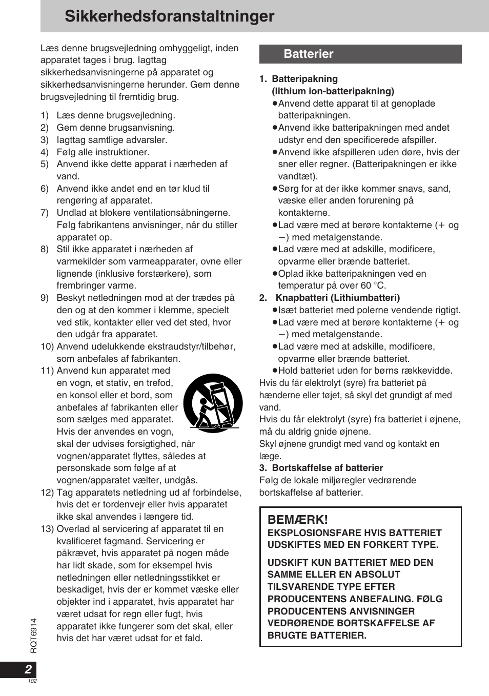 Sikkerhedsforanstaltninger, Batterier, Bemærk | Panasonic DVDLX9 User Manual | Page 102 / 108