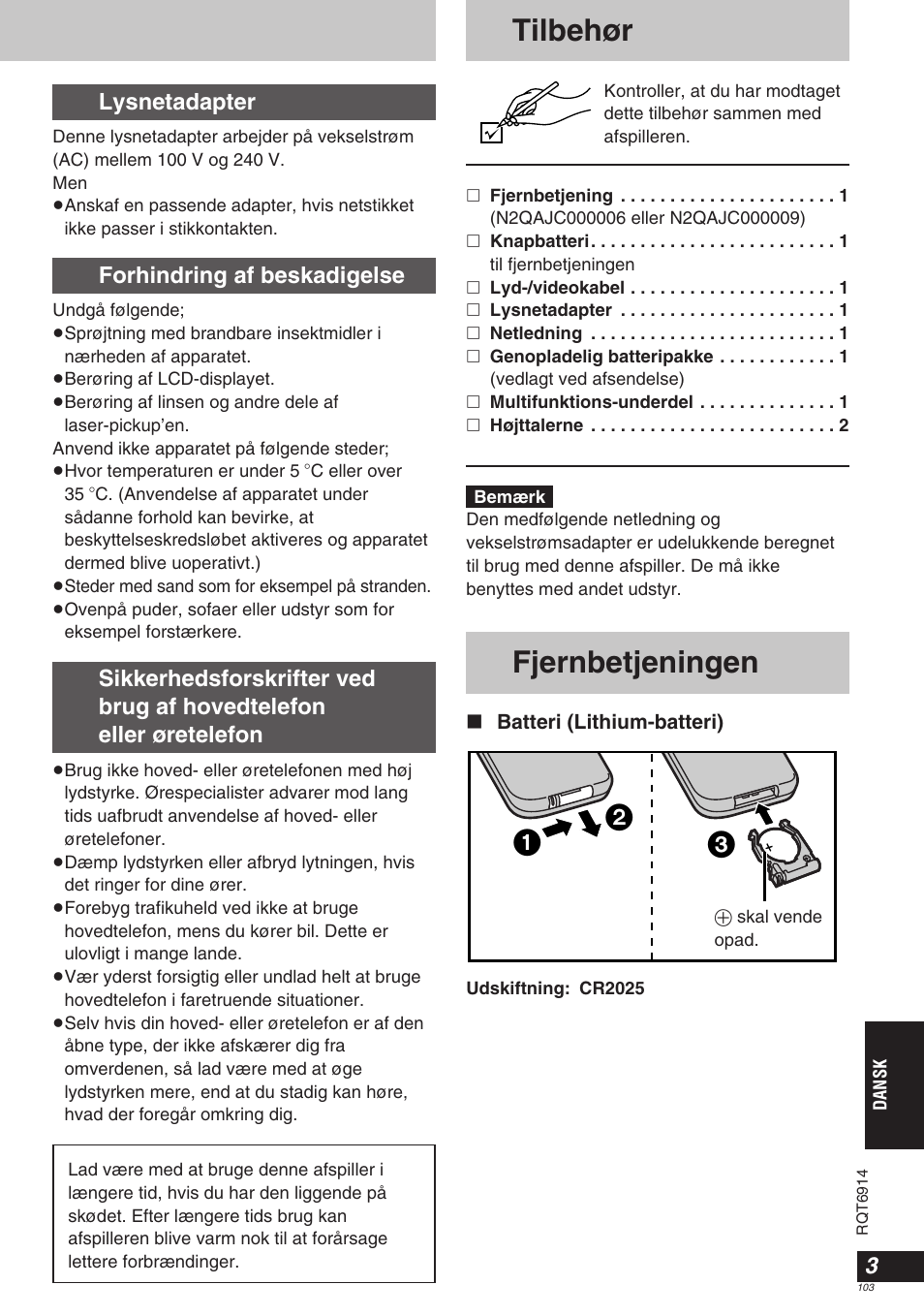 Tilbehør, Fjernbetjeningen, Lysnetadapter | Forhindring af beskadigelse | Panasonic DVDLX9 User Manual | Page 103 / 108
