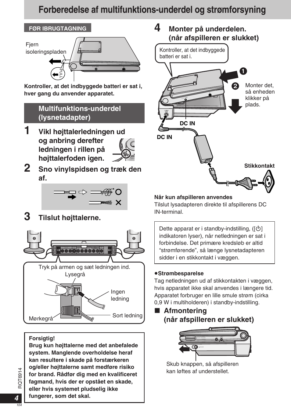 Sno vinylspidsen og træk den af, Tilslut højttalerne, Monter på underdelen. (når afspilleren er slukket) | Dc in, Kontroller, at det indbyggede batteri er sat i | Panasonic DVDLX9 User Manual | Page 104 / 108