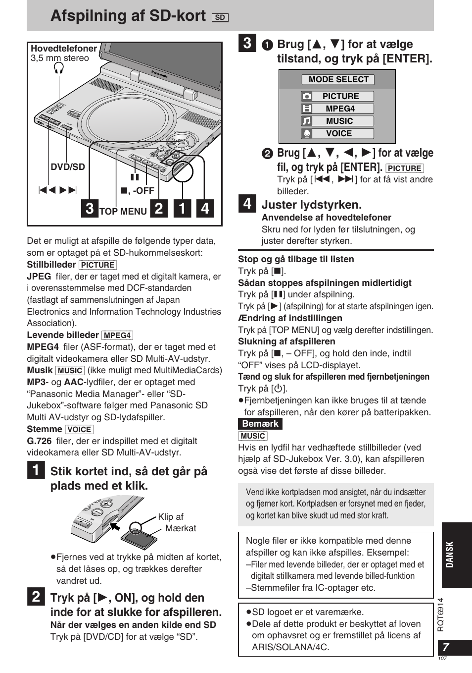 Afspilning af sd-kort, Stik kortet ind, så det går på plads med et klik, Juster lydstyrken | Dansk, Off top menu, Dvd/sd, Picture mpeg4 music voice mode select, Rqt6914 | Panasonic DVDLX9 User Manual | Page 107 / 108