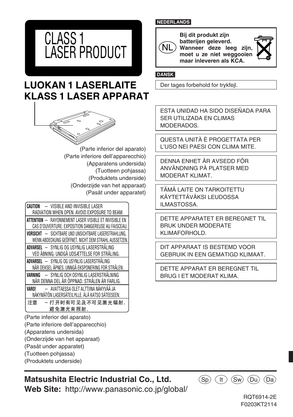 Class 1 laser product, Luokan 1 laserlaite klass 1 laser apparat, Matsushita electric industrial co., ltd | Panasonic DVDLX9 User Manual | Page 108 / 108