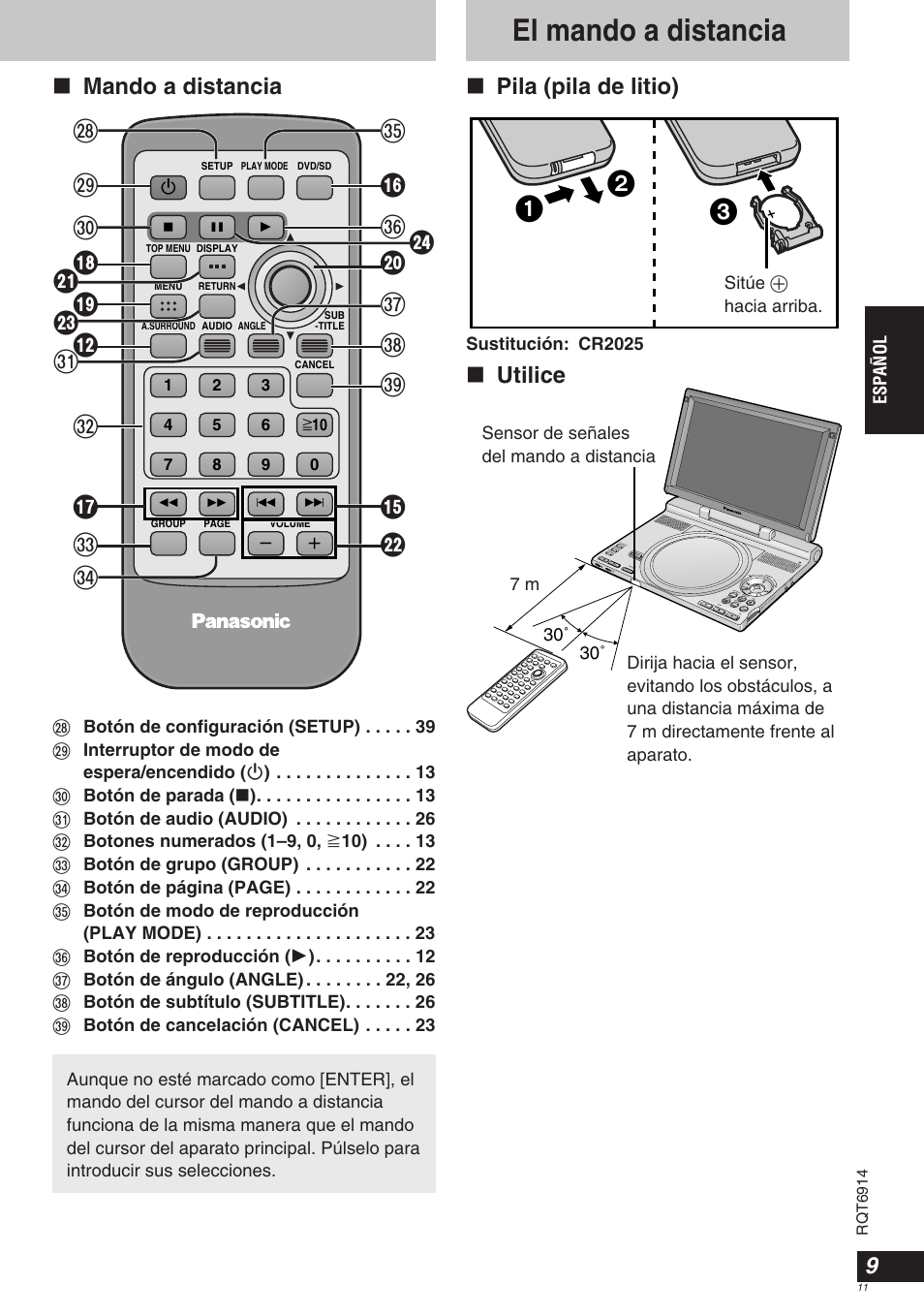 El mando a distancia, Mando a distancia, Pila (pila de litio) | Utilice | Panasonic DVDLX9 User Manual | Page 11 / 108