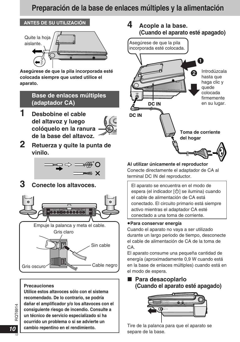 Acople a la base. (cuando el aparato esté apagado), Para desacoplarlo (cuando el aparato esté apagado), Base de enlaces múltiples (adaptador ca) | Retuerza y quite la punta de vinilo, Conecte los altavoces, Dc in, Quite la hoja aislante | Panasonic DVDLX9 User Manual | Page 12 / 108