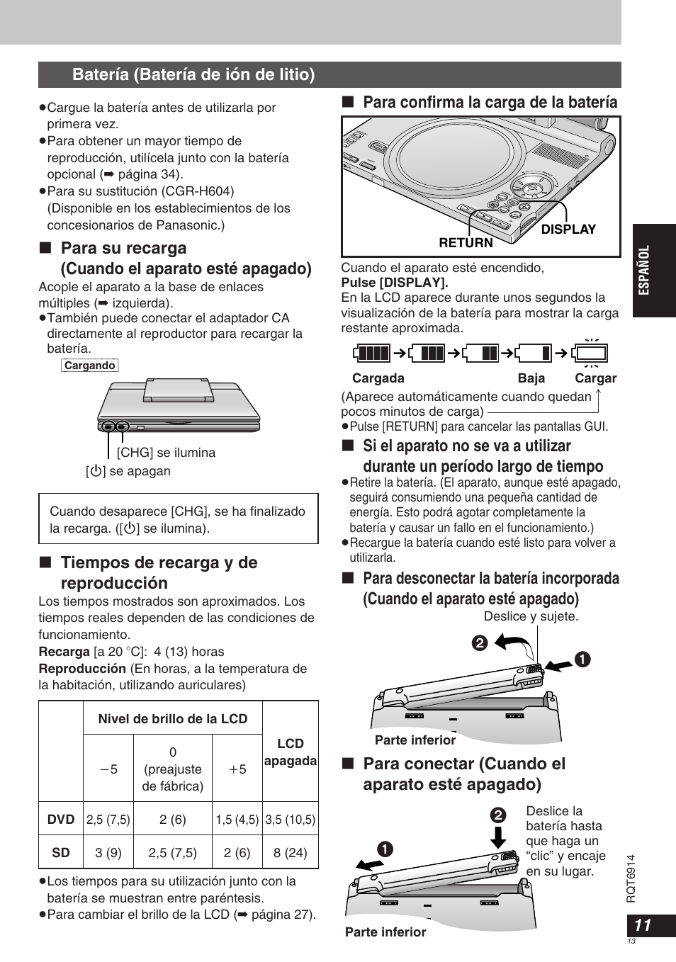 Para su recarga ∫ (cuando el aparato esté apagado), Tiempos de recarga y de reproducción, Español | Return display, Parte inferior deslice y sujete | Panasonic DVDLX9 User Manual | Page 13 / 108