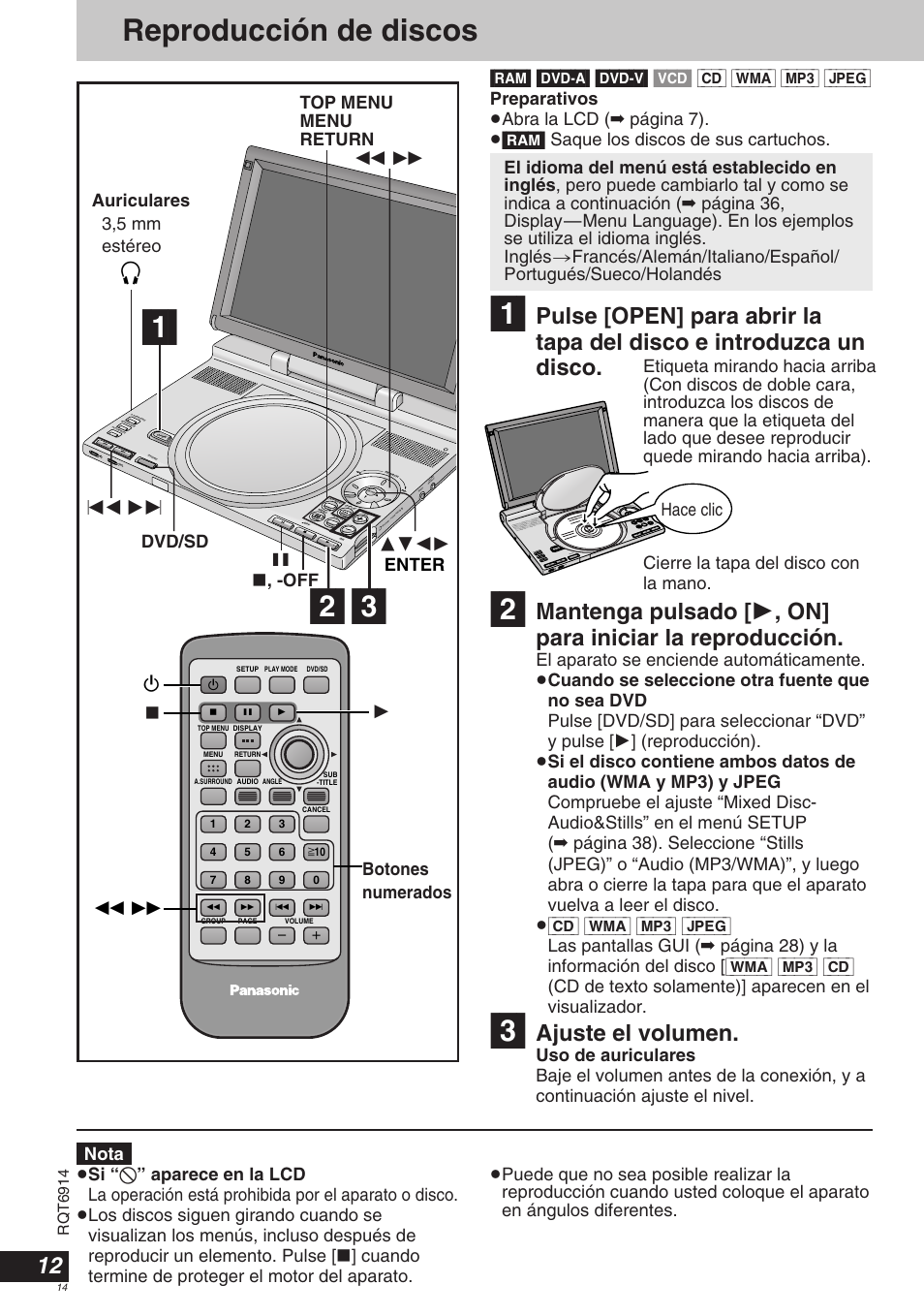 Reproducción de discos, Ajuste el volumen, Í∫ 1 6 5 | Panasonic DVDLX9 User Manual | Page 14 / 108