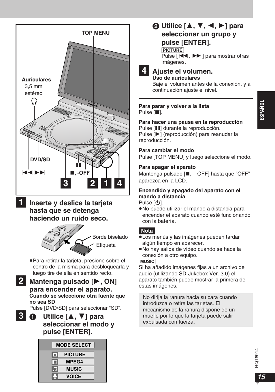 Ajuste el volumen, Español, Off top menu | Dvd/sd, Picture] pulse [:, 9] para mostrar otras imágenes, Etiqueta, Picture mpeg4 music voice mode select, Rqt6914 | Panasonic DVDLX9 User Manual | Page 17 / 108