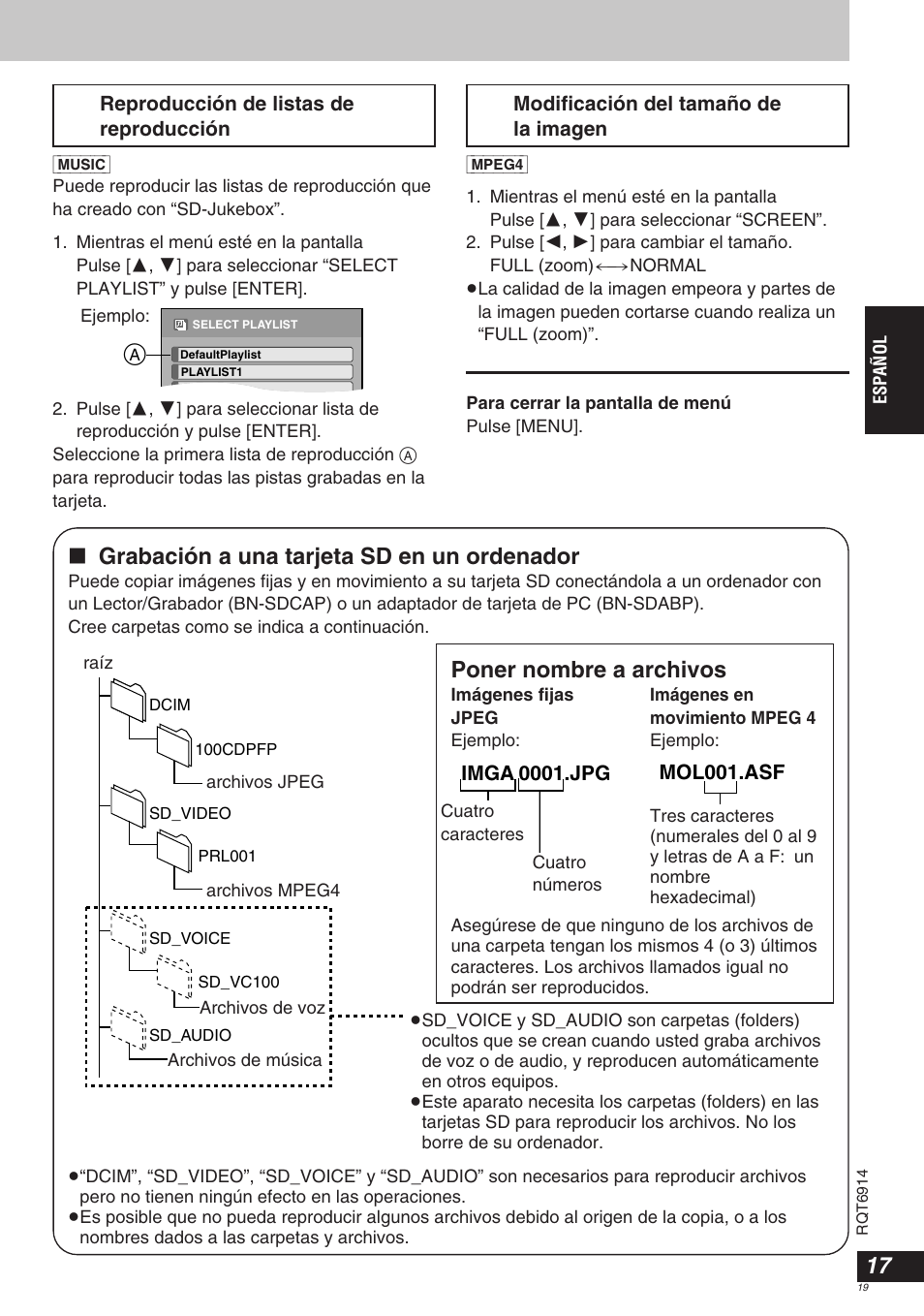 Grabación a una tarjeta sd en un ordenador, Poner nombre a archivos | Panasonic DVDLX9 User Manual | Page 19 / 108