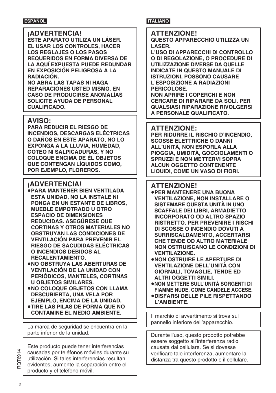 Attenzione, Advertencia, Aviso | Panasonic DVDLX9 User Manual | Page 2 / 108