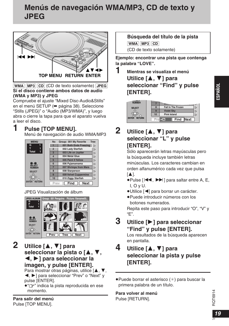 Menús de navegación wma/mp3, cd de texto y jpeg, Pulse [top menu, Búsqueda del título de la pista | Español, Mientras se visualiza el menú, Los resultados de la búsqueda aparecen en pantalla, Rqt6914 | Panasonic DVDLX9 User Manual | Page 21 / 108