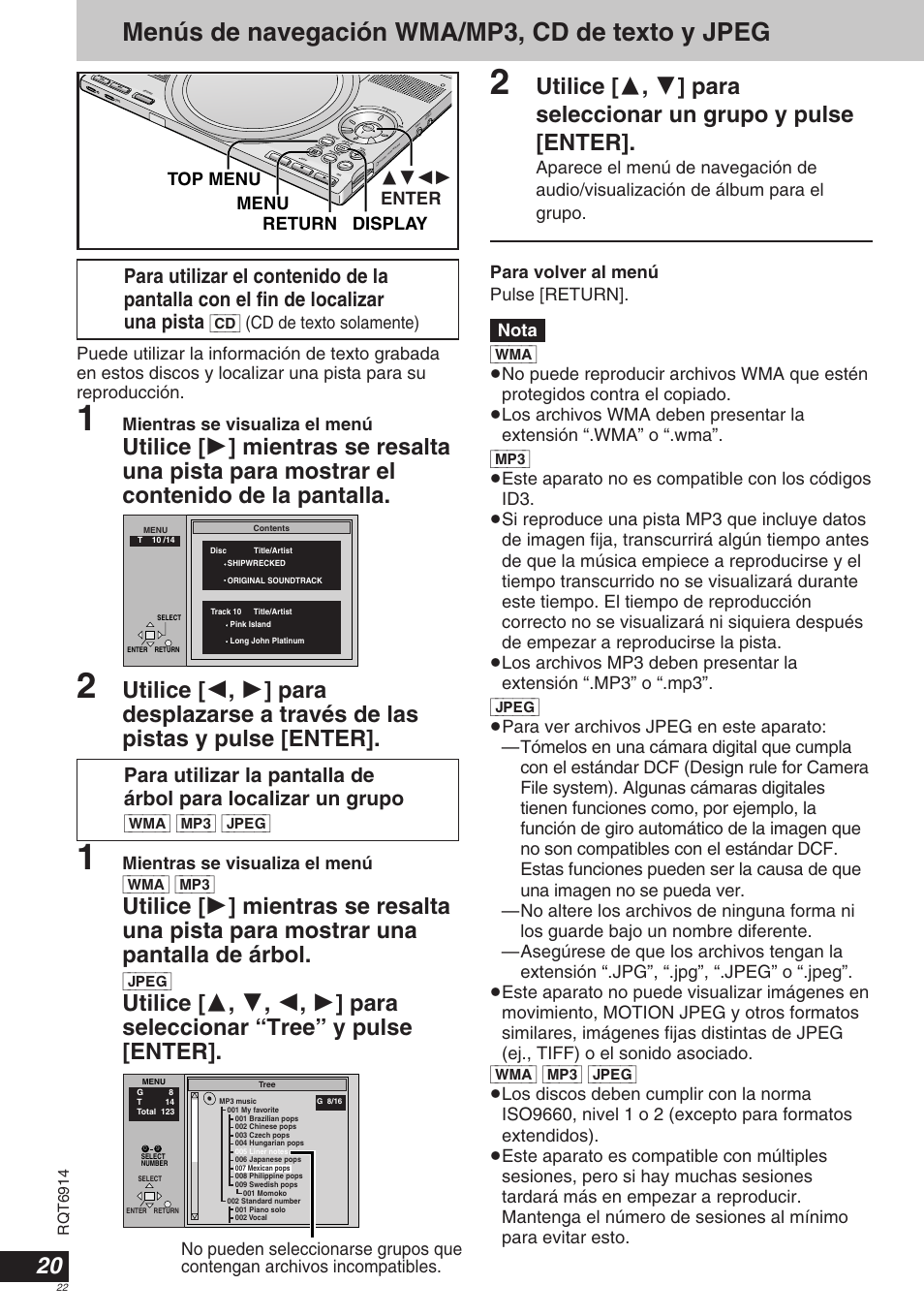 Menús de navegación wma/mp3, cd de texto y jpeg, Return display, Menu top menu 3421 enter | Cd] (cd de texto solamente), Mientras se visualiza el menú, Mientras se visualiza el menú [wma] [mp3, Jpeg, Rqt6914 | Panasonic DVDLX9 User Manual | Page 22 / 108