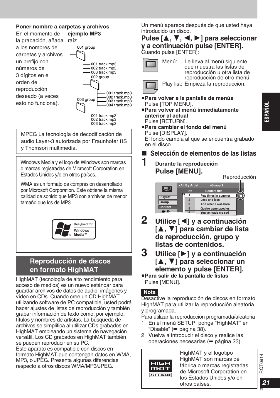 Selección de elementos de las listas, Pulse [menu, Reproducción de discos en formato highmat | Panasonic DVDLX9 User Manual | Page 23 / 108