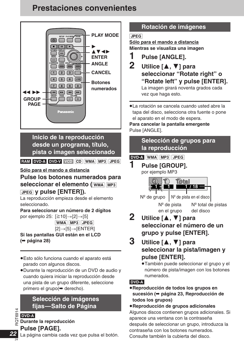 Prestaciones convenientes, Y pulse [enter]), Selección de imágenes fijas—salto de página | Pulse [page, Rotación de imágenes, Pulse [angle, Selección de grupos para la reproducción, Pulse [group | Panasonic DVDLX9 User Manual | Page 24 / 108