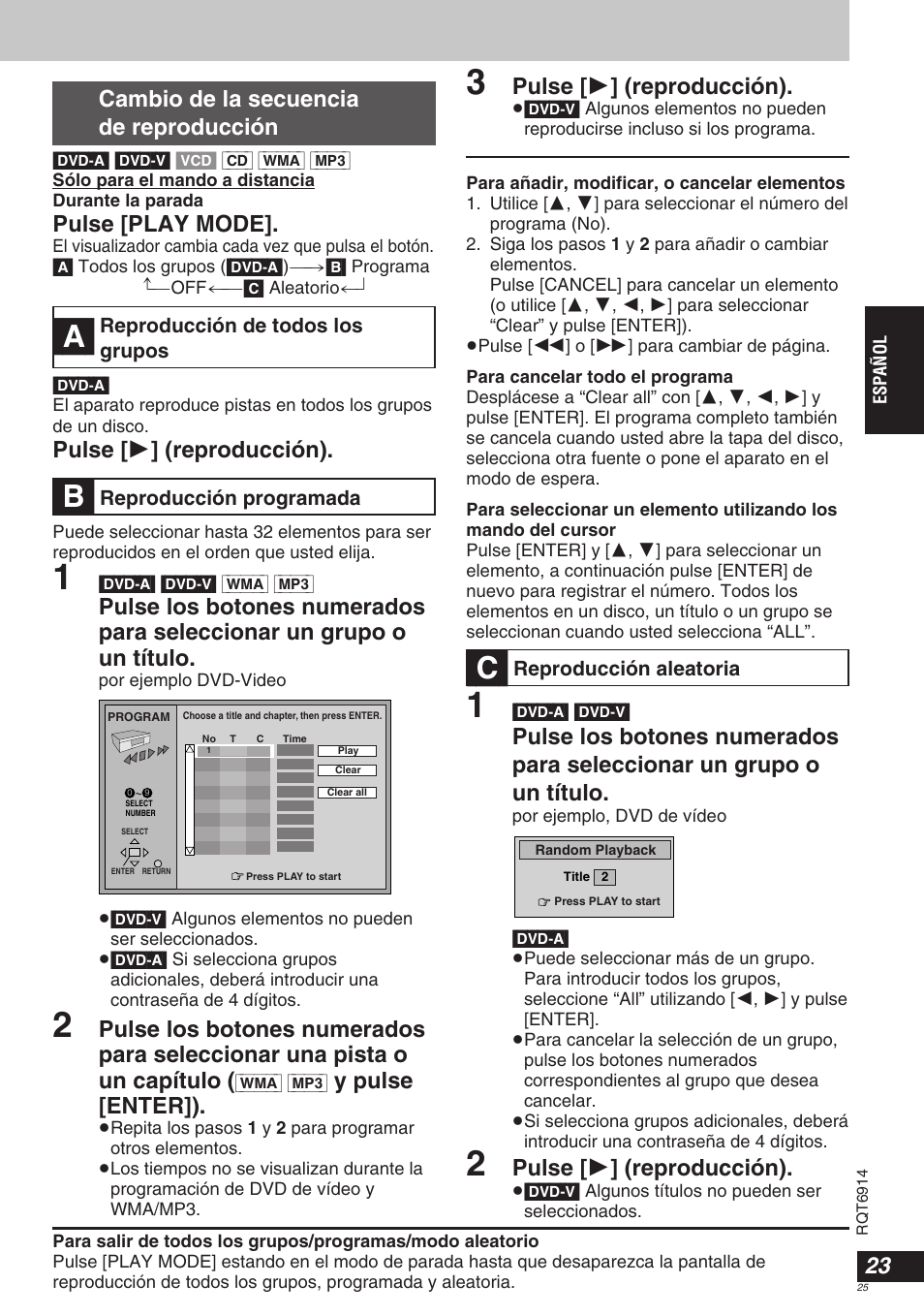A] [b, Y pulse [enter]), Cambio de la secuencia de reproducción | Pulse [play mode, Pulse [ 1 ] (reproducción) | Panasonic DVDLX9 User Manual | Page 25 / 108